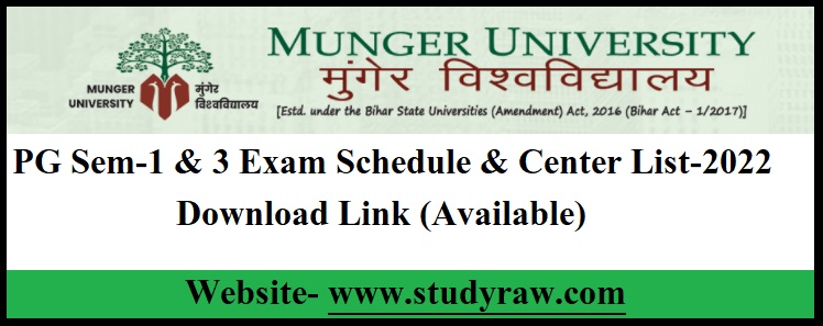 Munger University PG Sem-1 & 3 Exam Schedue & Center Lsit-2022- Download in PDf