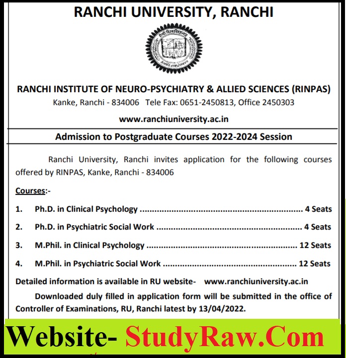 Ranchi University PhD Admission Test (PAT)-2022 Apply Online