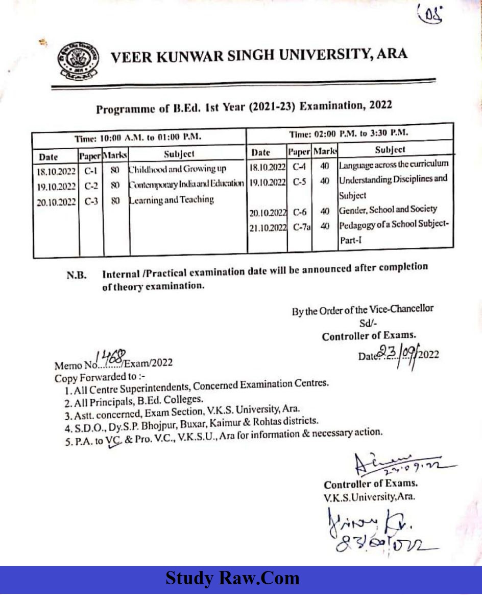 VKSU BEd Part-1 Exam Schedule 2022 (Session 2021-23)- PDF