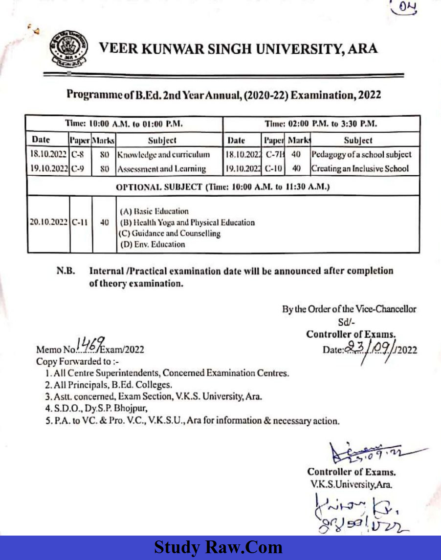 VKSU BEd Part-2 Exam Schdule 2022- Download Link