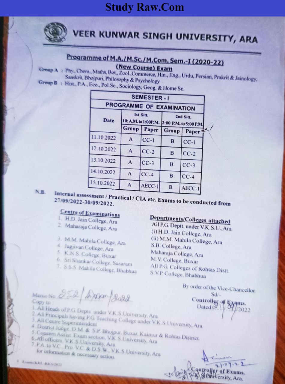 VKSU PG 1st Semester Exam Schedule 2022 Download Link
