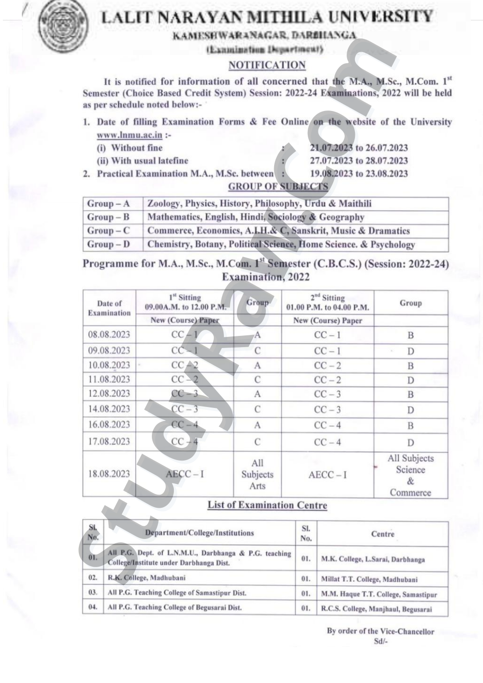 LNMU PG 1st Sem Exam Schedule 2023 MA MSc MCom 2022-24