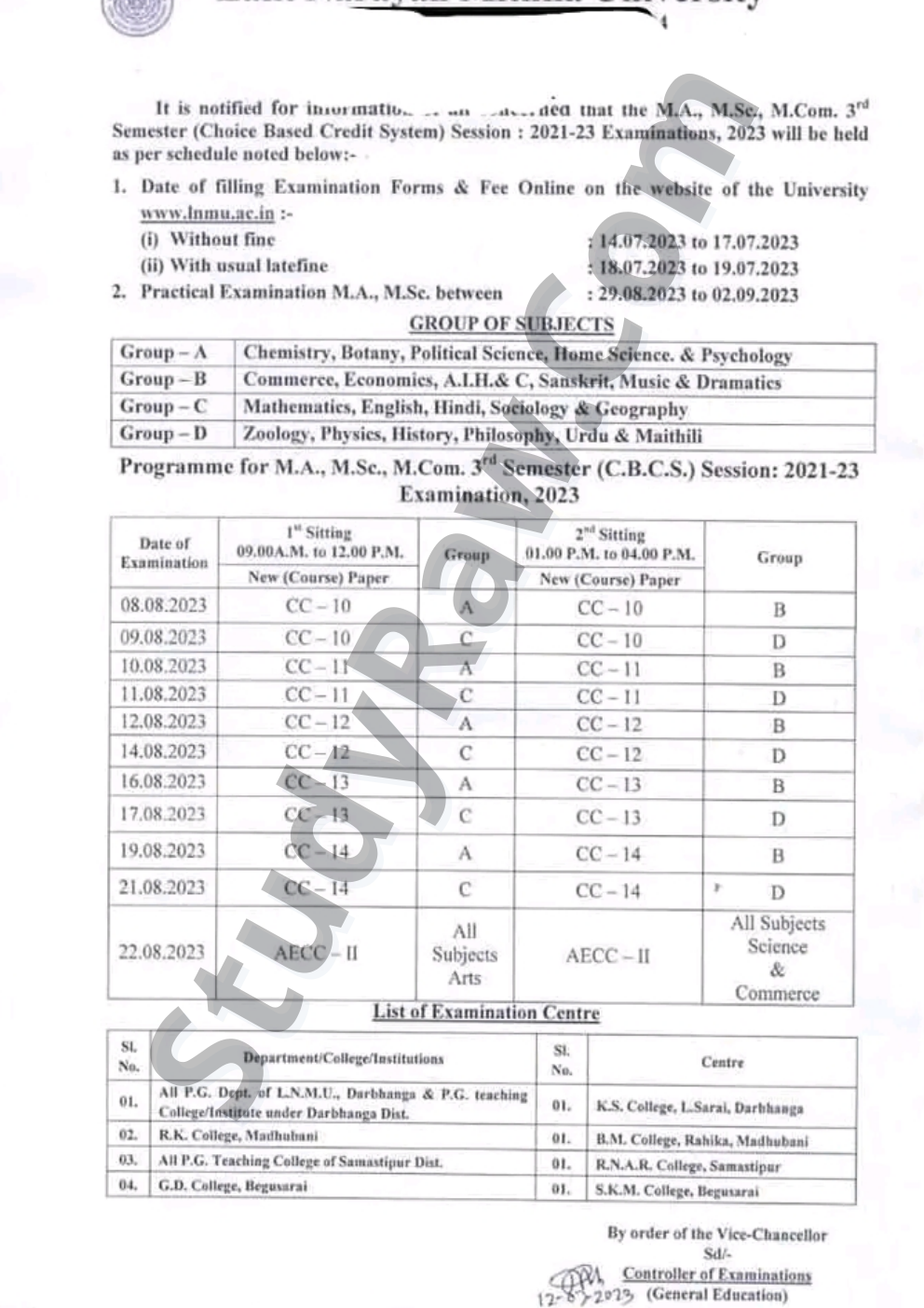LNMU PG 3rd Semester Exam Schedule 2023 MA, MSc, MCom 2021-23