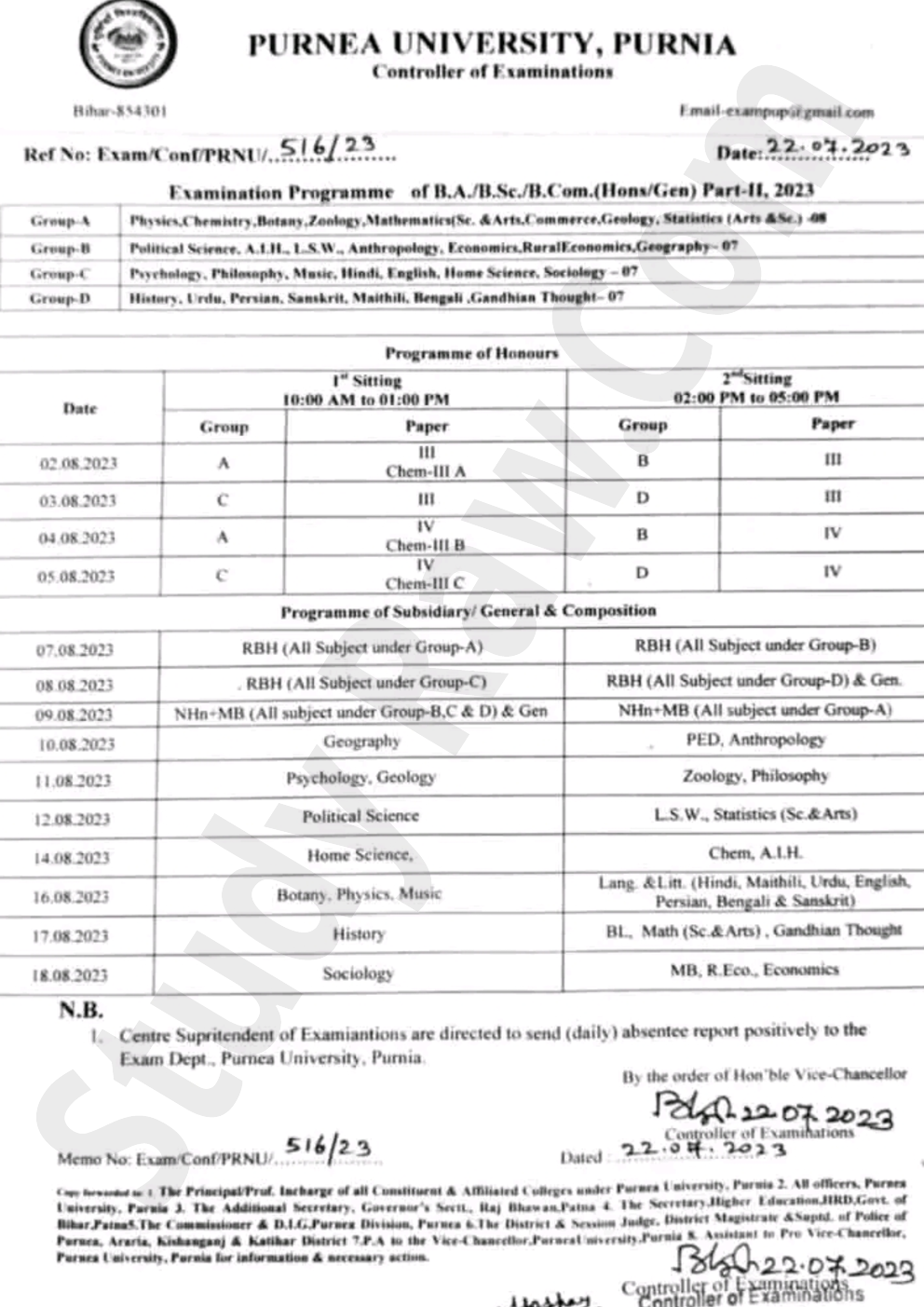 Purnea University 2nd Year Exam Schedule BA BSc BCom 2023