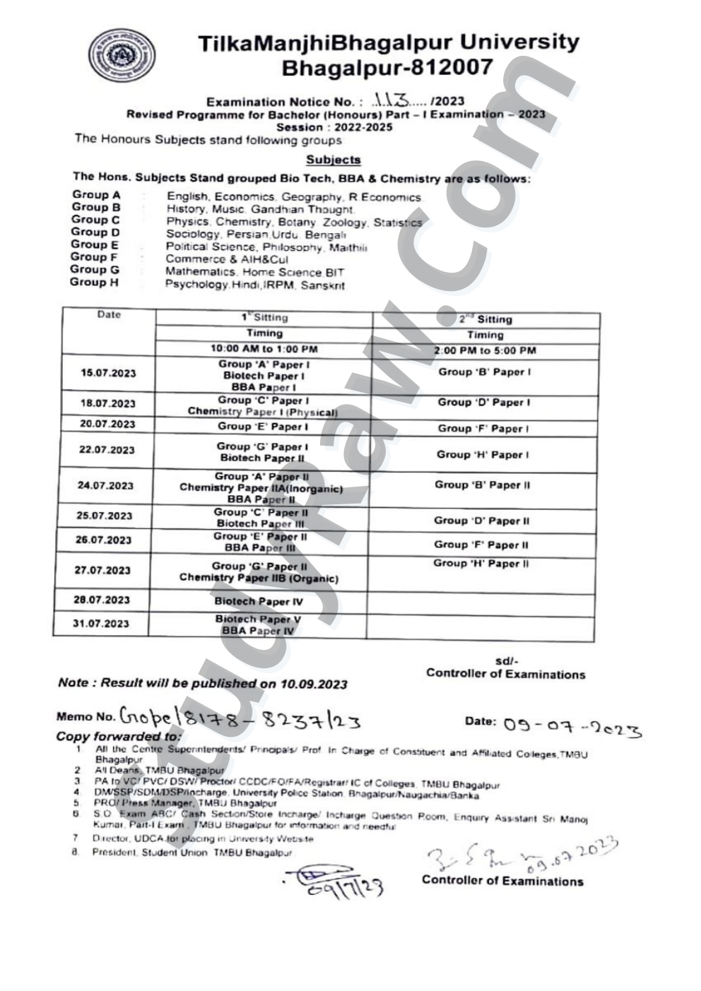 TMBU 1st Year New Exam Schedule PDF BA, BSc, BCom 2022-25