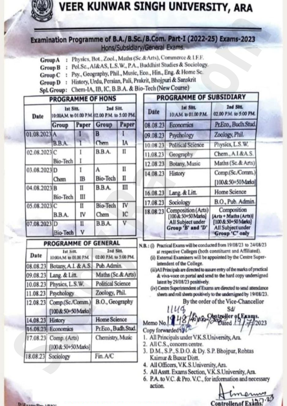 VKSU 1st Year Exam Schedule 2022-25 BA, BSc, BCom