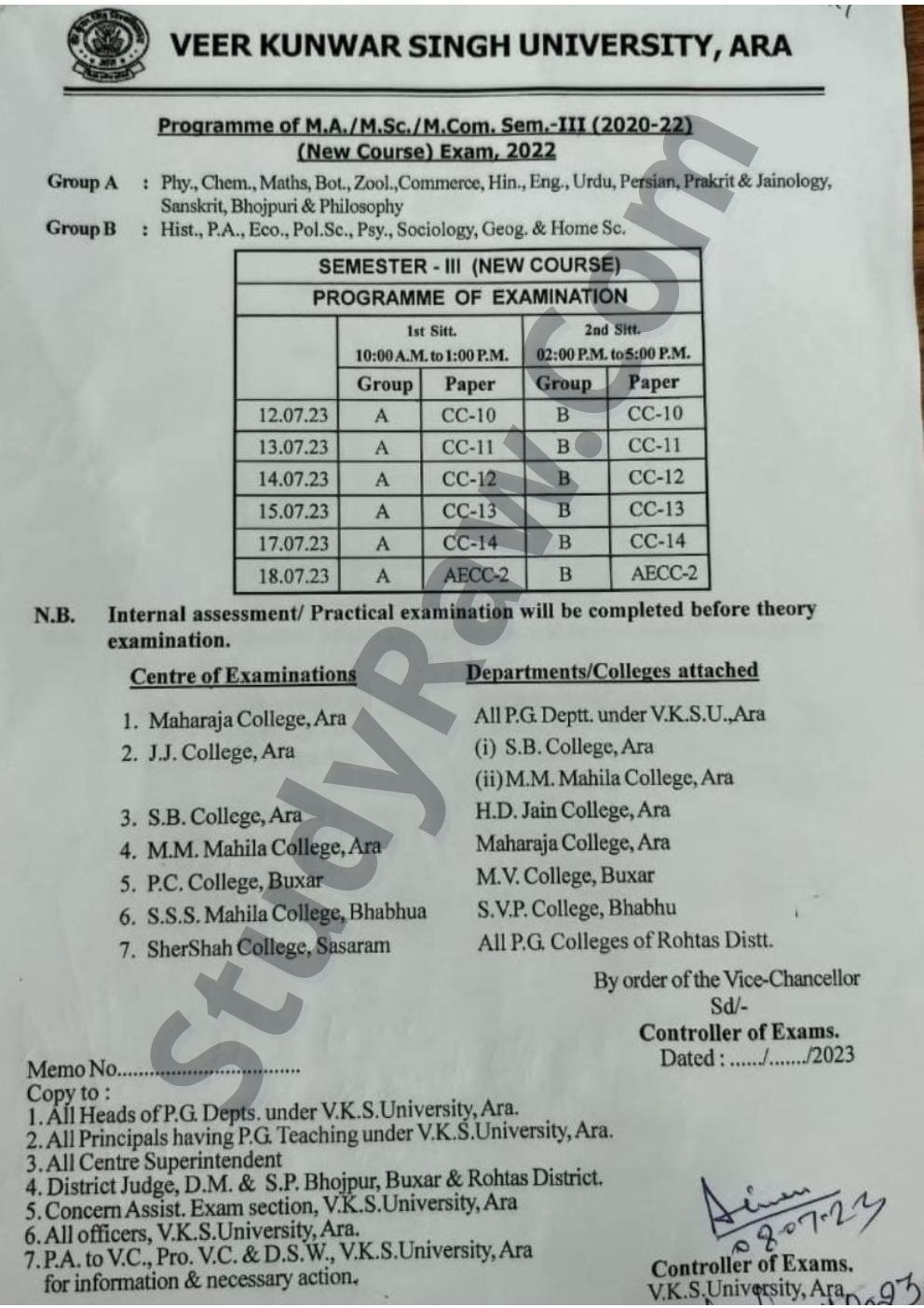 VKSU PG 3rd Semester Exam Schedule 2023 MA, MSc, MCom 2020-22