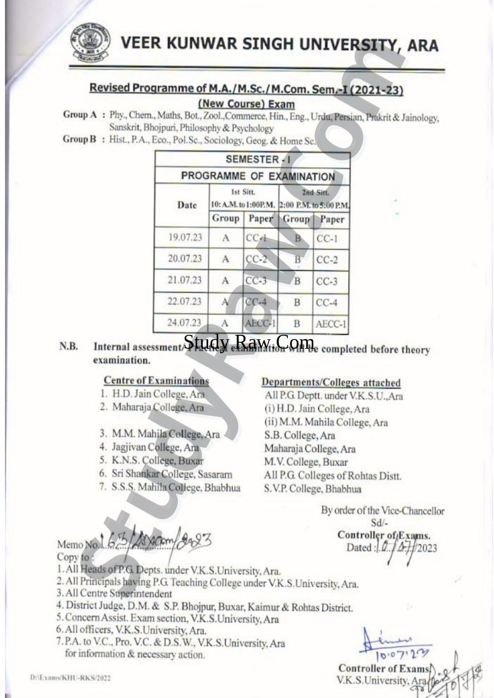 VKSU PG Sem 1 Exam Schedule 2023 New MA MSc MCom 2021-23