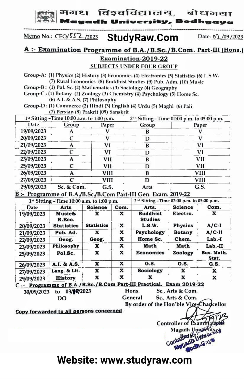 Magadh University Part-3 Exam Schedule 2023 BA BSc BCom 2019-22