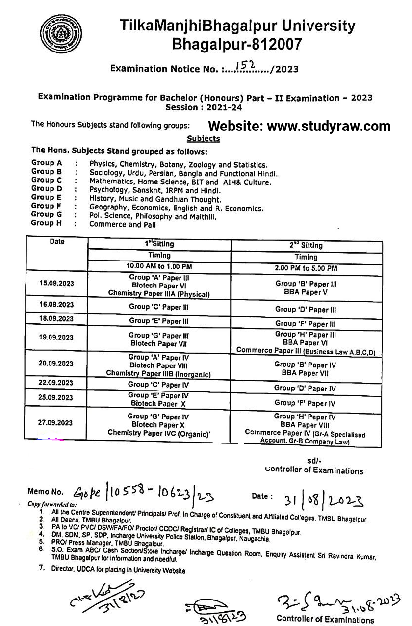 TMBU 2nd Year Exam Schedule 2023 BA, BSc, BCom 2021-24