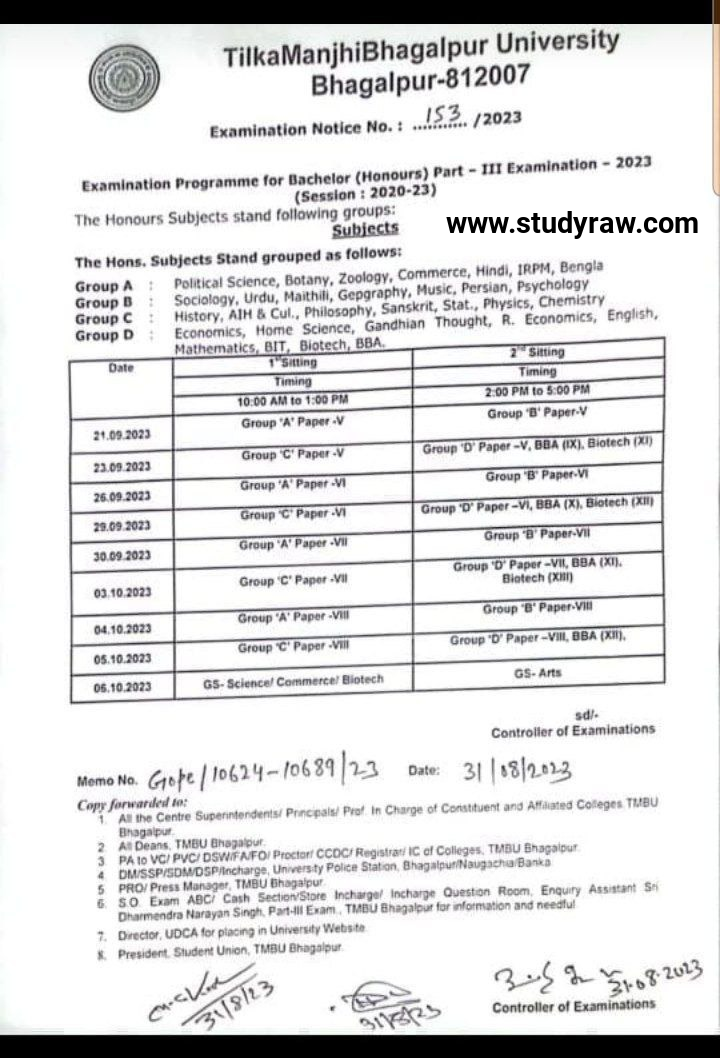 TMBU Part 3 Exam Schedule 2023 BA BSc BCom 2020-23