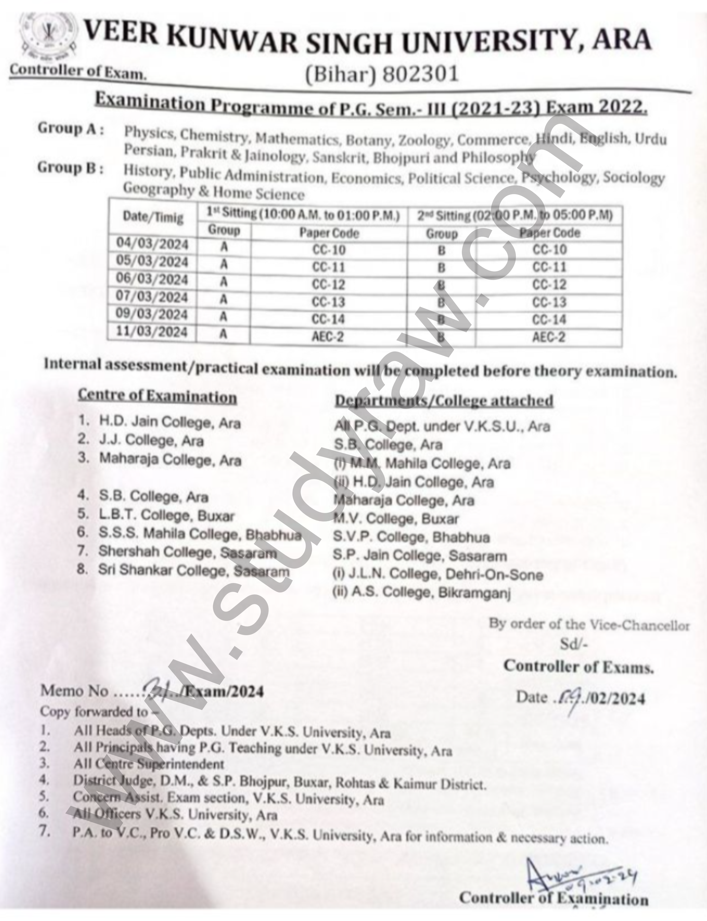 VKSU PG 3rd Sem Exam Schedule Session 2021-23 MA, MSc, MCom