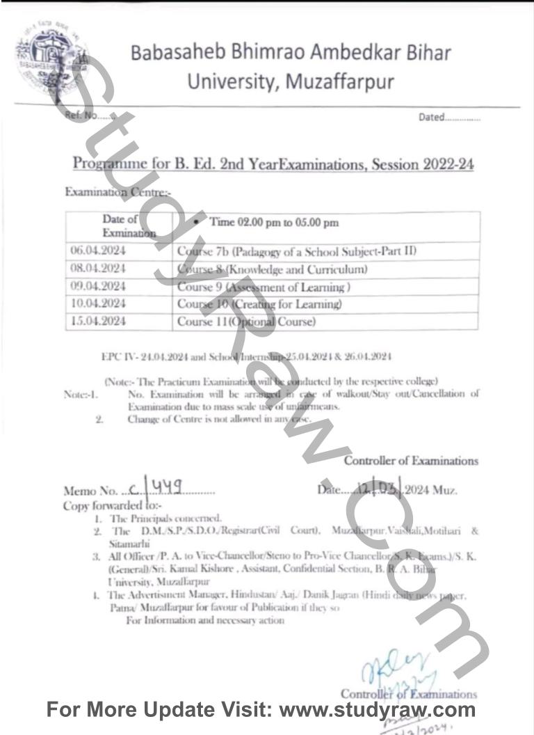 BRABU BEd 2nd Year Exam Schedule 2024 Session 2022-24 Download