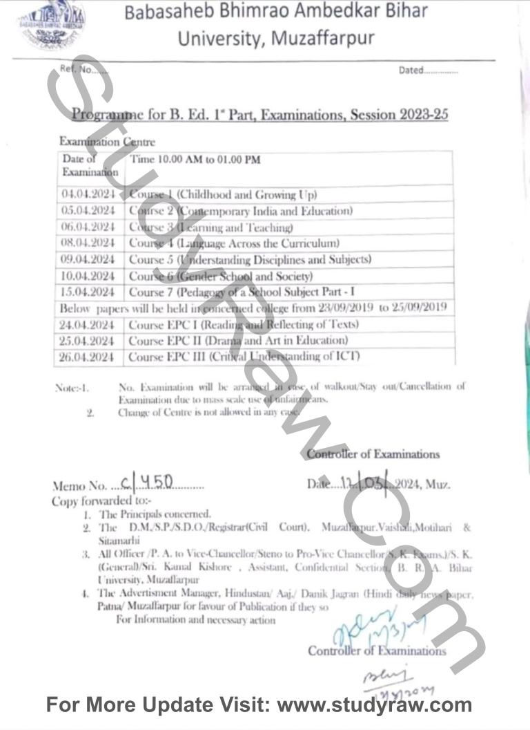 BRABU BEd Part-1 Exam Schedule 2024 Session 2023-25
