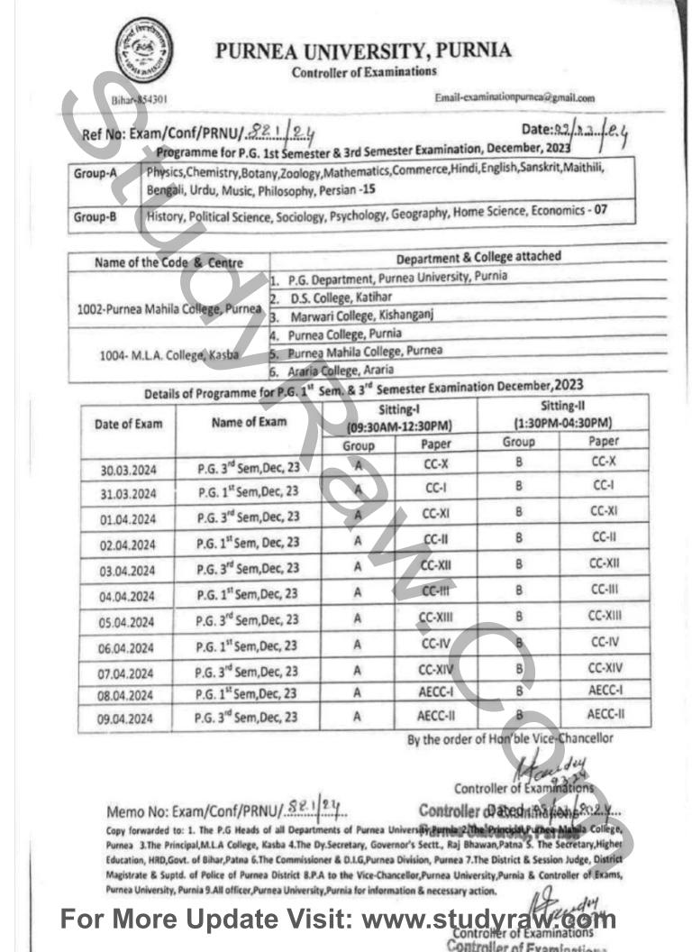 Purnea University PG 1st and 3rd Sem Exam Schedule 2024 MA MSc MCom