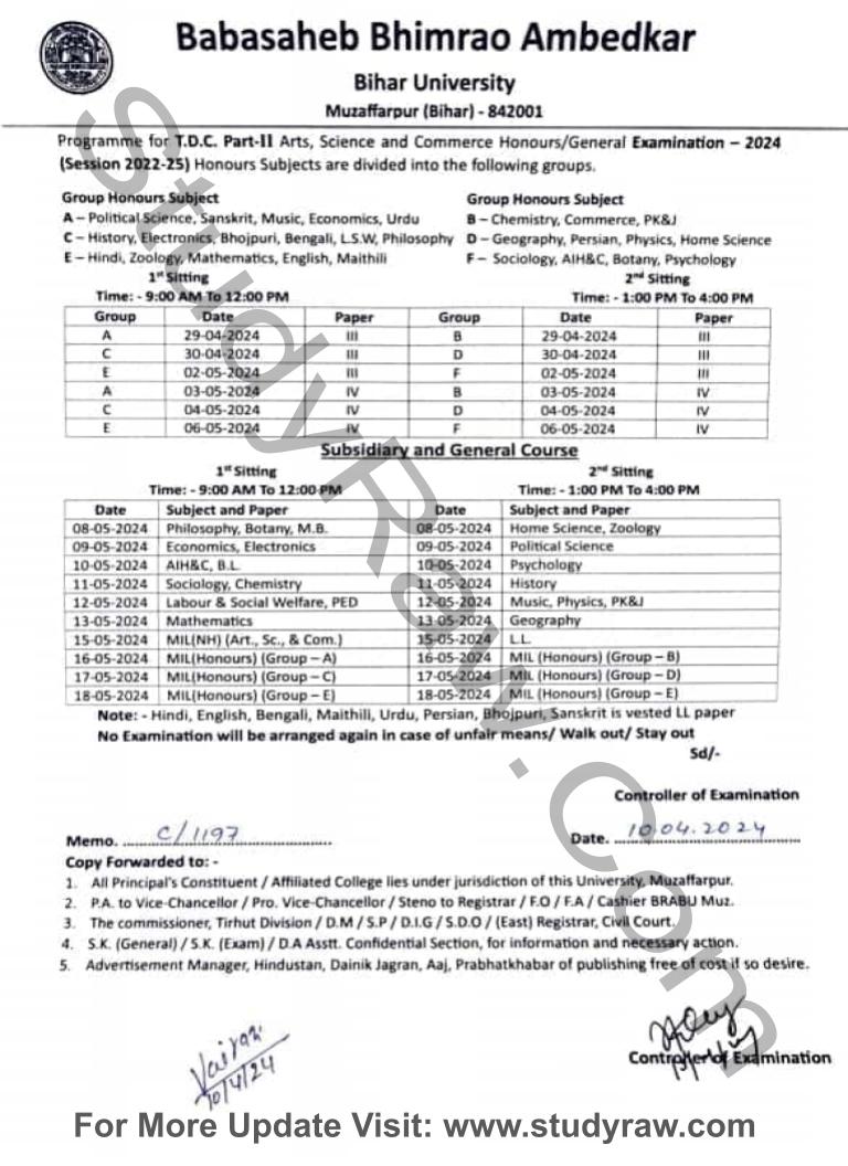 BRABU Part-2 Exam Schedule Session 2022-25 BA BSc BCom