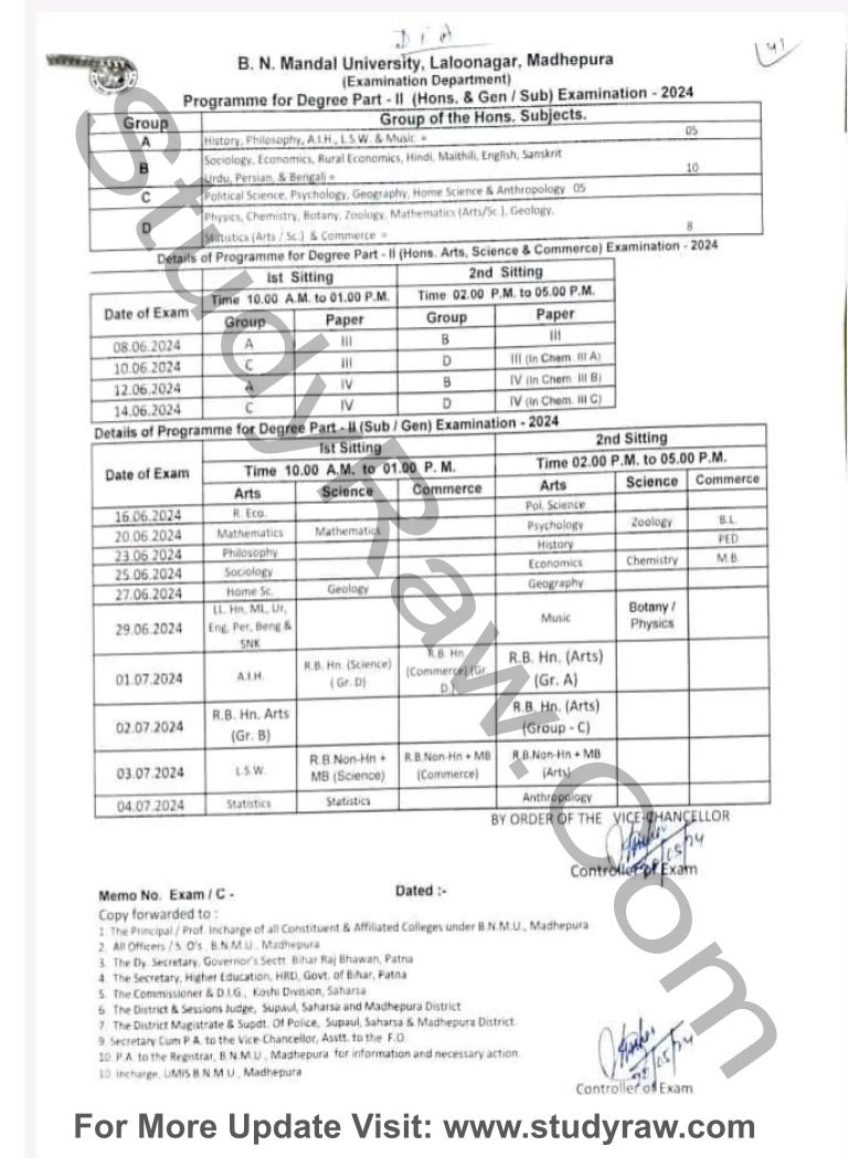 BNMU Part 2 Exam Schedule 2024 BA BSc BCom 2021-24