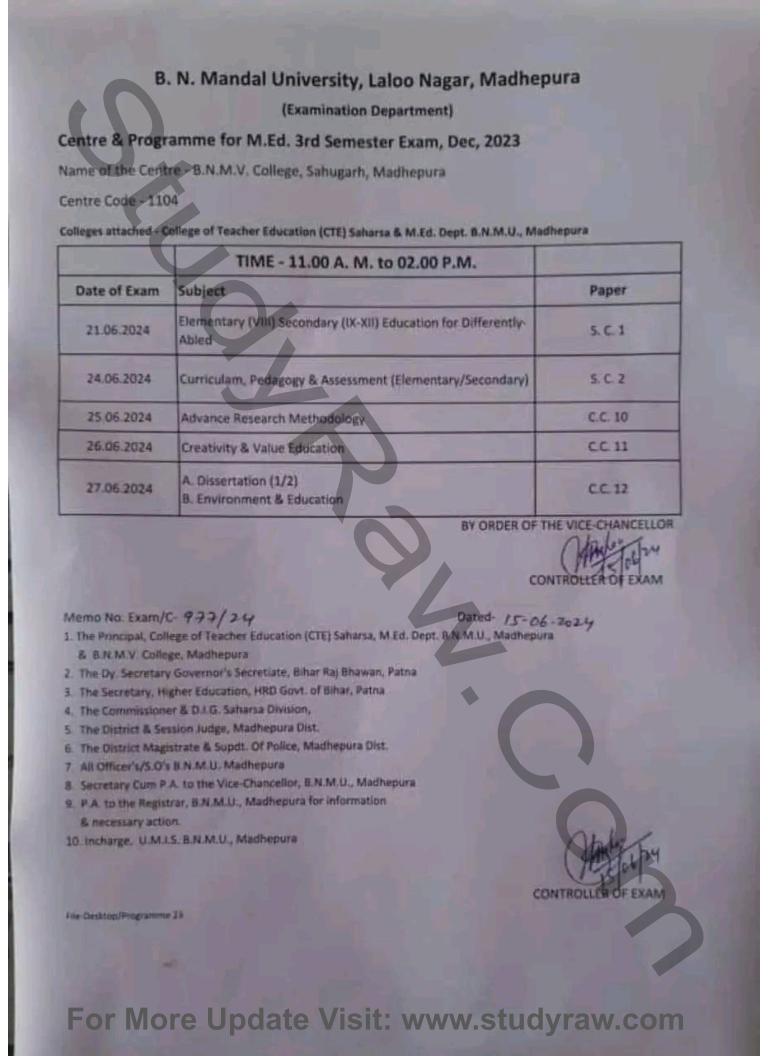 BNMU MEd 3rd Sem Exam Schedule 2024 Session 2022-24 PDF