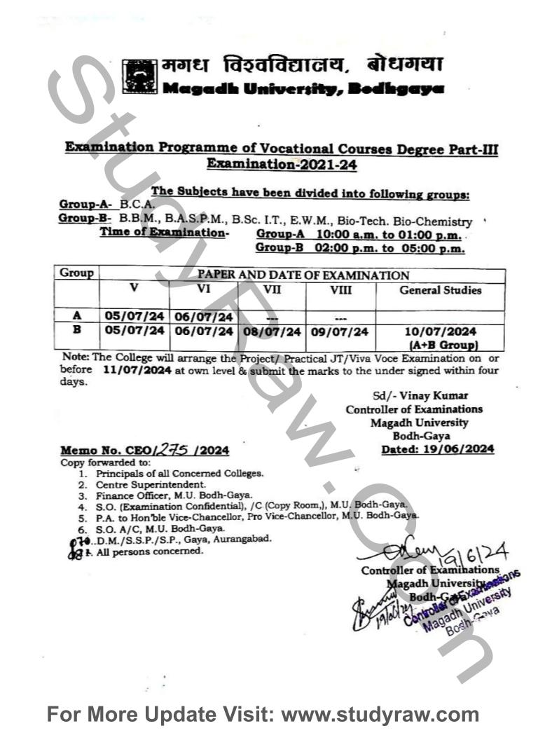 Magadh University Vocational Part-3 Exam Schedule 2024 Session 2021-24 Download PDF