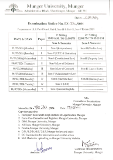 Munger University LLB Sem-1, 3, 5 Exam Schedule 2024