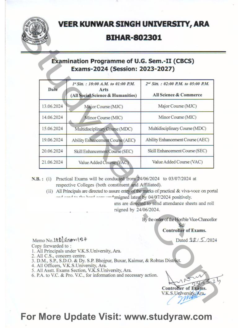 VKSU Graduation 2nd Sem Exam Schedule 2024 BA BSc BCom 2023-27