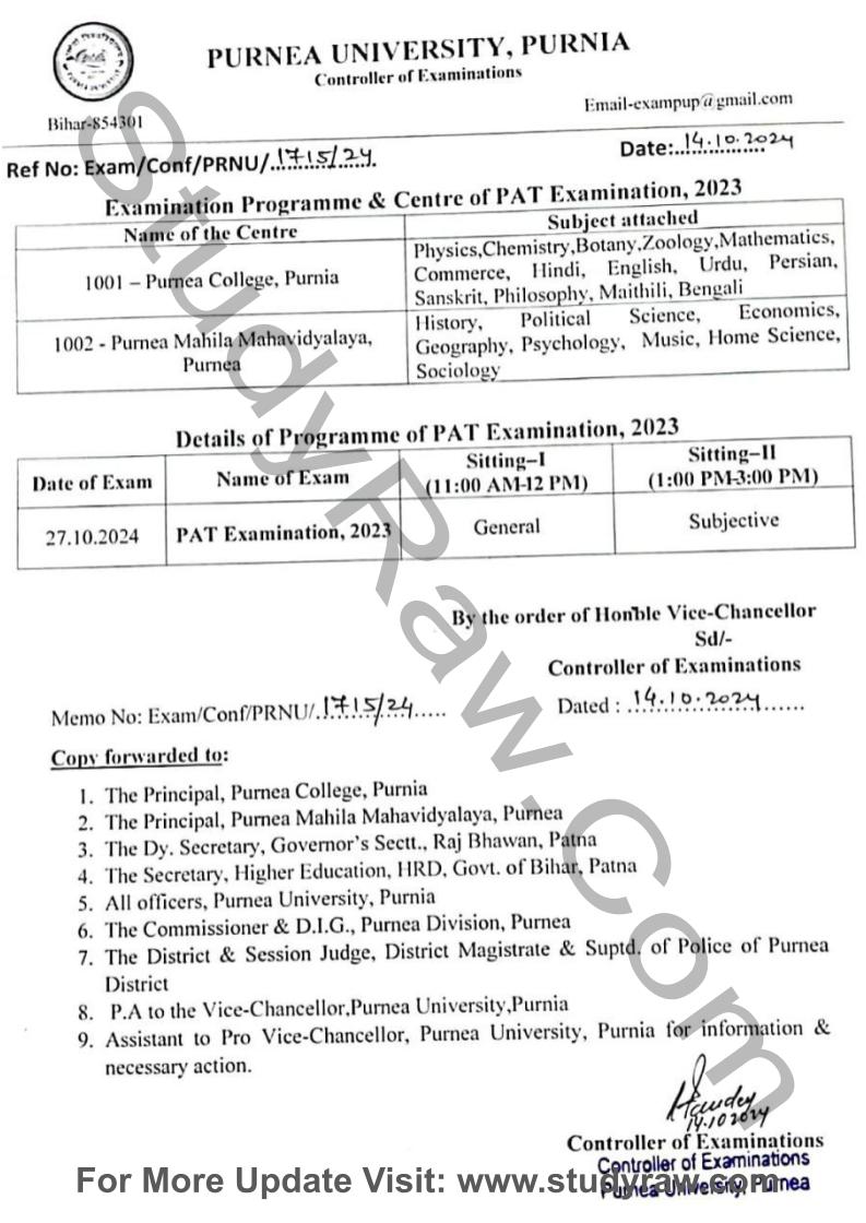 Purnea University PAT 2023 Exam Schedule 2024 PDF Download