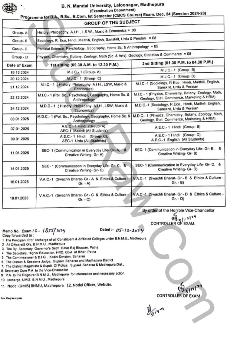 BNMU PG 1st Semester Exam Schedule 2024-26 MA MSc MCom