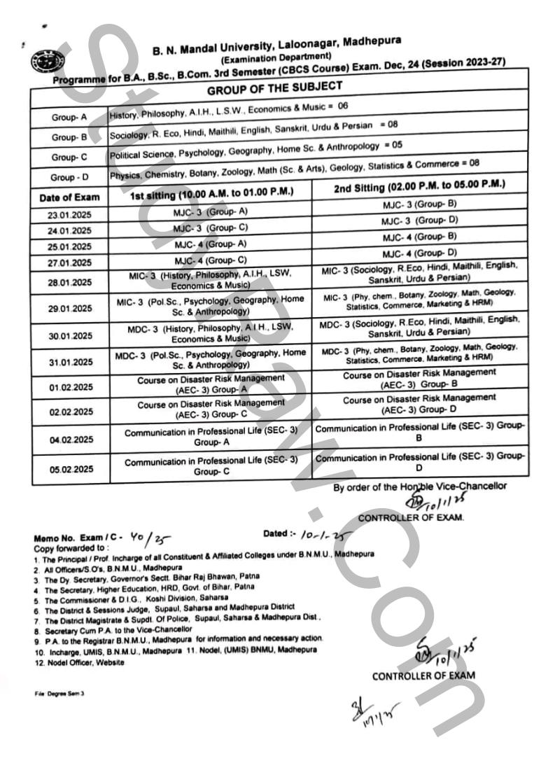 BNMU 3rd Sem Exam Date 2023-27 BA BSc BCom Download Link