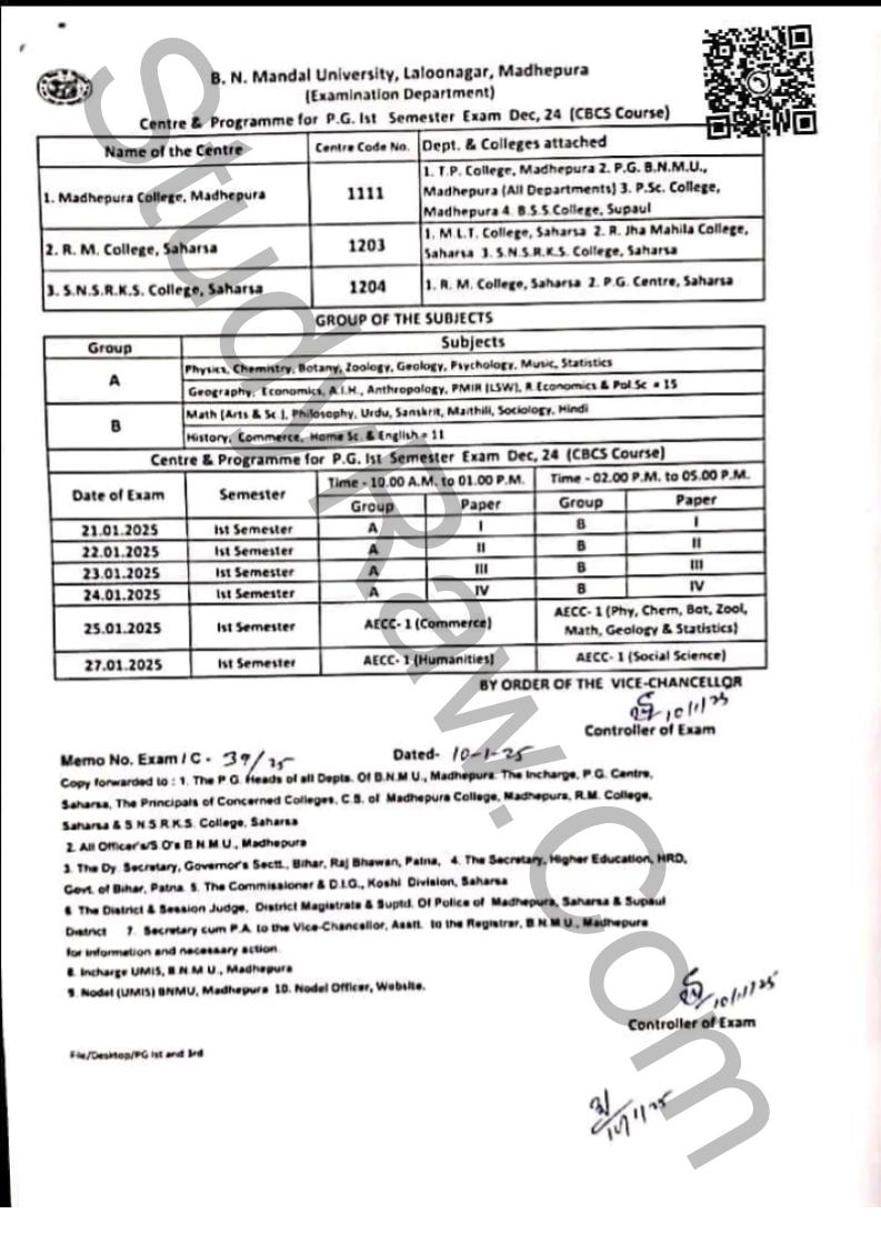 BNMU PG 1st Sem Exam Date 2024-26 MA MSc mCom