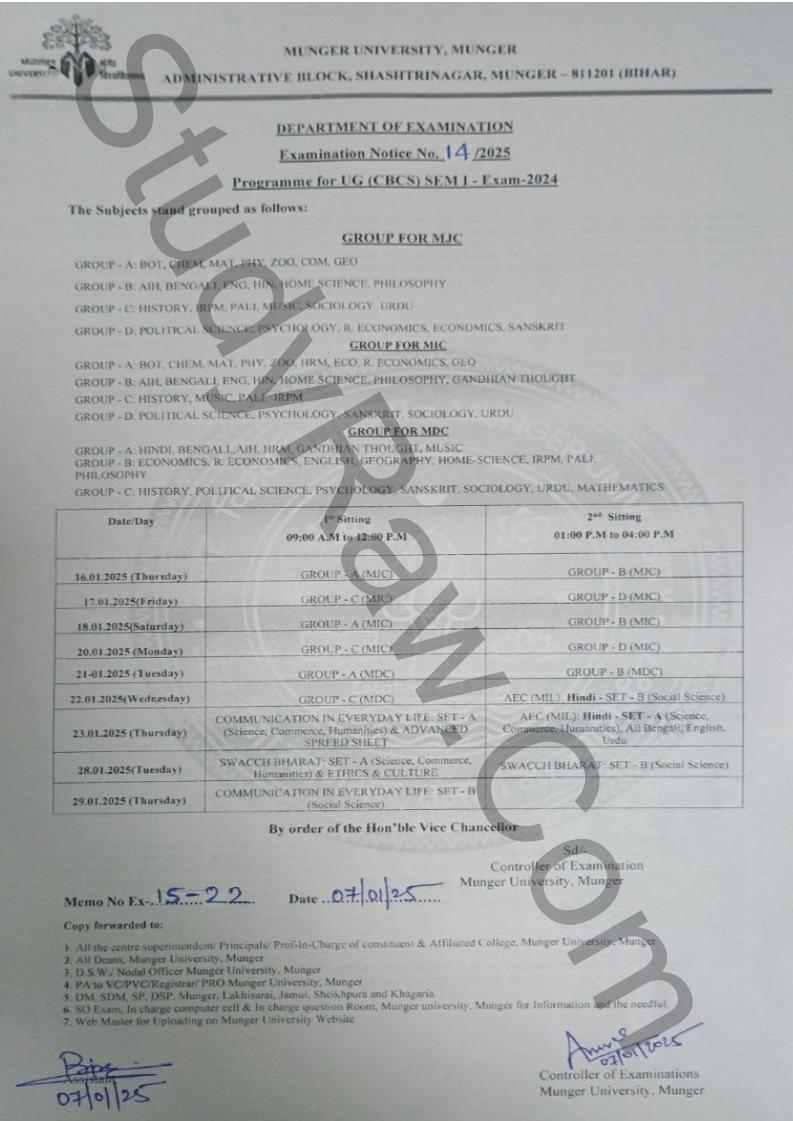 Munger University 1st Sem Exam Date 2024-28 BA BSc BCom