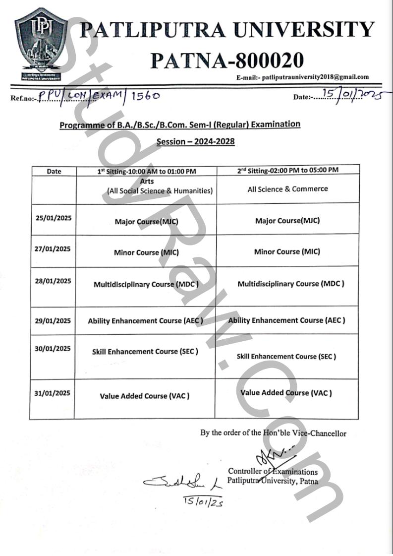 Patliputra University Graduation 1st Sem Exam Date 2025 BA BSc BCom 2024-28