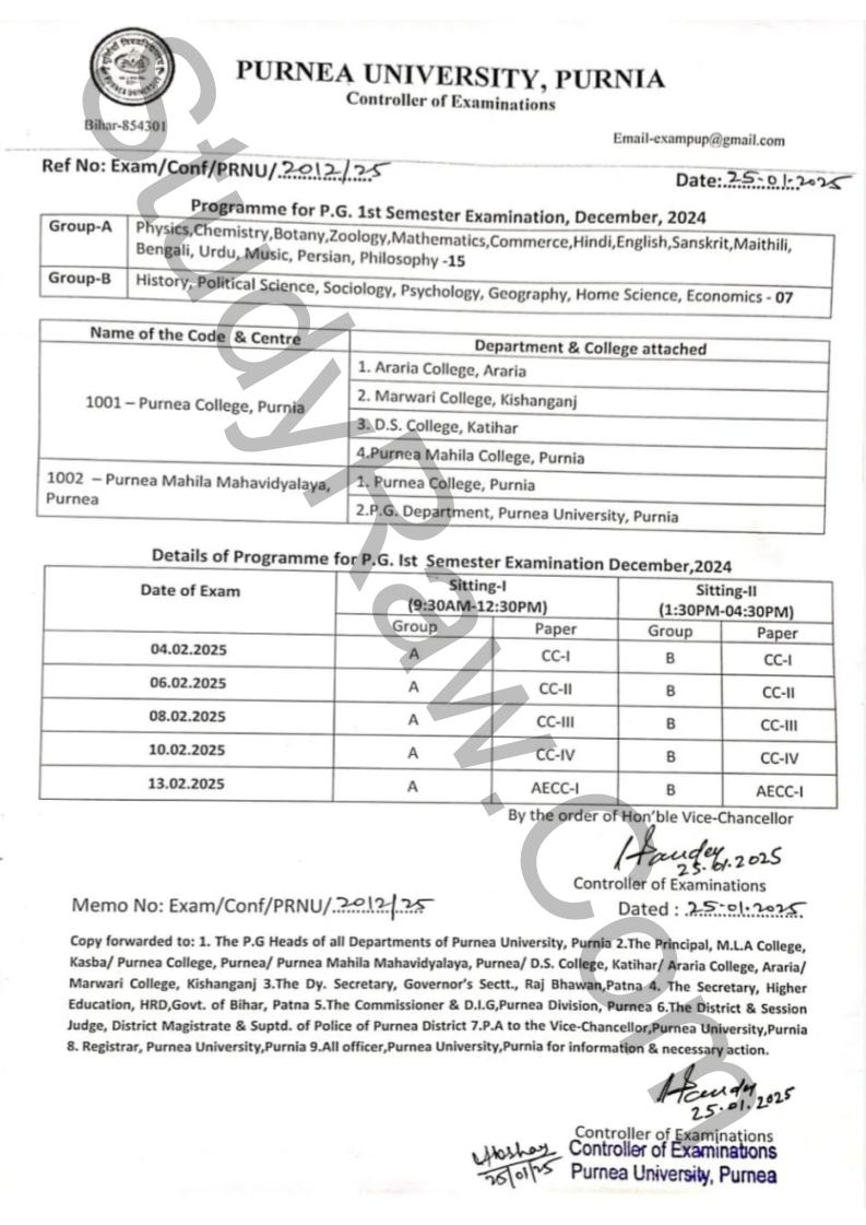 Purnea University PG 1st Sem Exam Date 2025 MA MSc MCom 2024-26