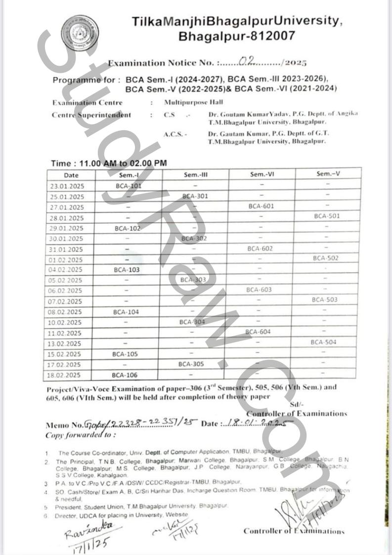 TMBU BCA Sem 1 3 5 6 Exam Date 2025 Exam Schedule and Center List