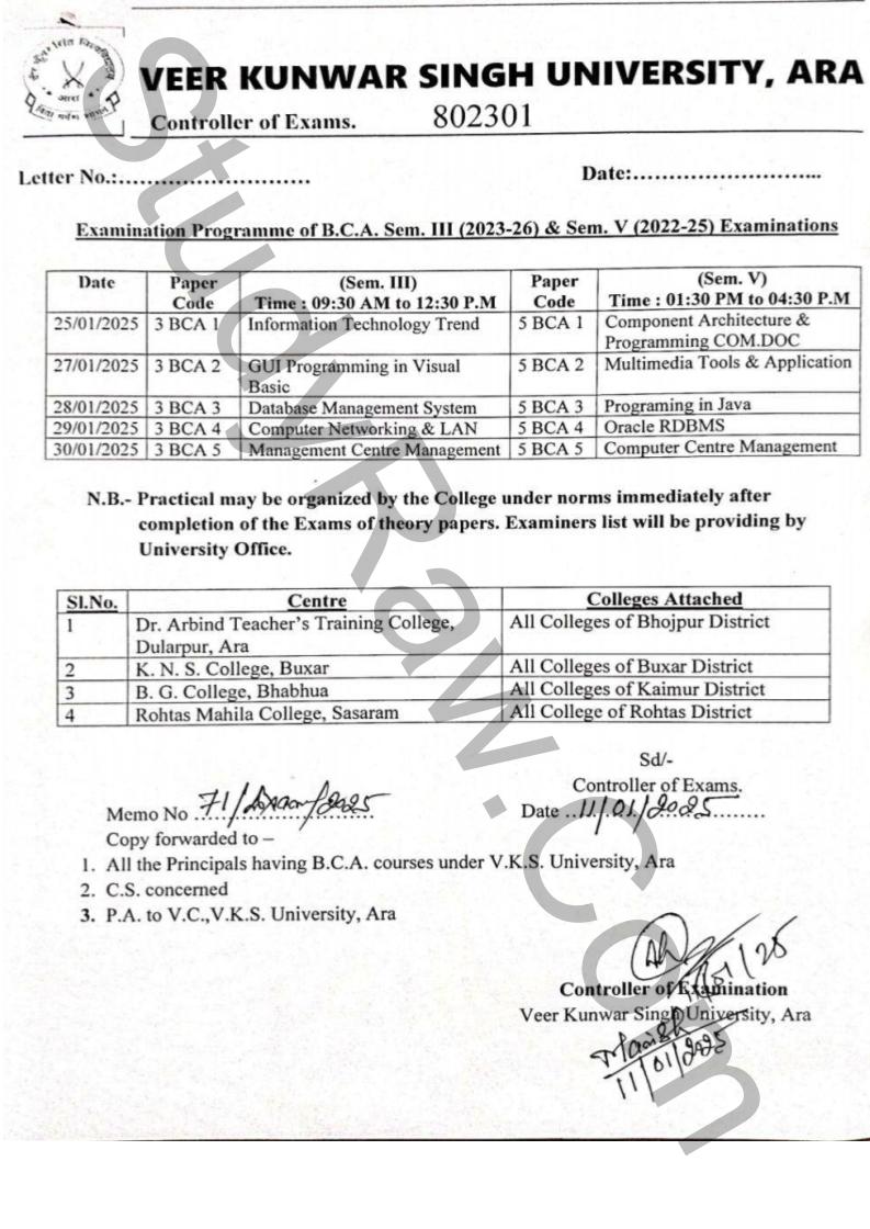 VKSU BCA 3rd 5th Exam Schedule 2025 Download