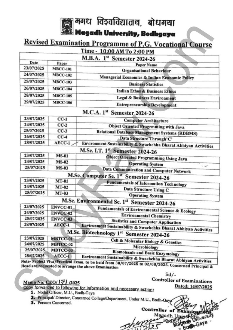 Magadh University Revised Vocational Exam Schedule 2025 MBA, MCA, MSc-IT, MSc Computer Science, MSc Environmental Science and MSc Bio-Technology