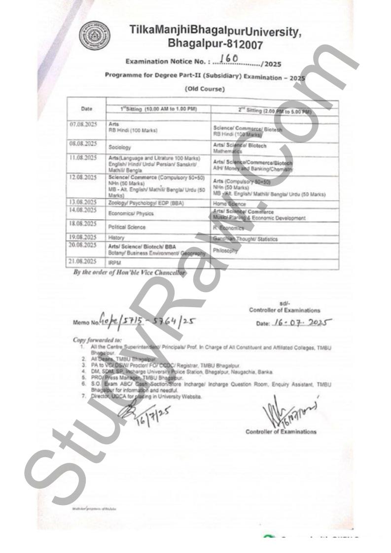 TMBU BA BSc BCom Part 2 Subsidiary Exam Schedule 2025 Old Course