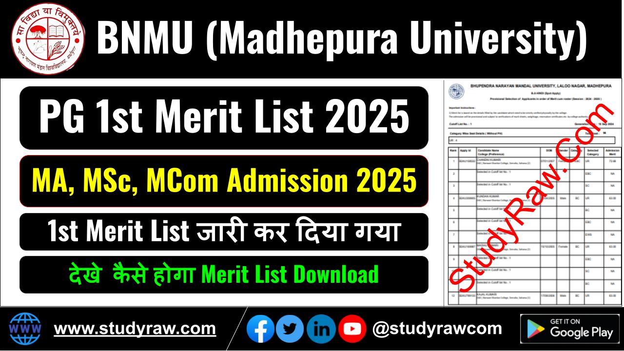 BNMU PG 1st Merit List for MA MSc MCom Admission 2025-27