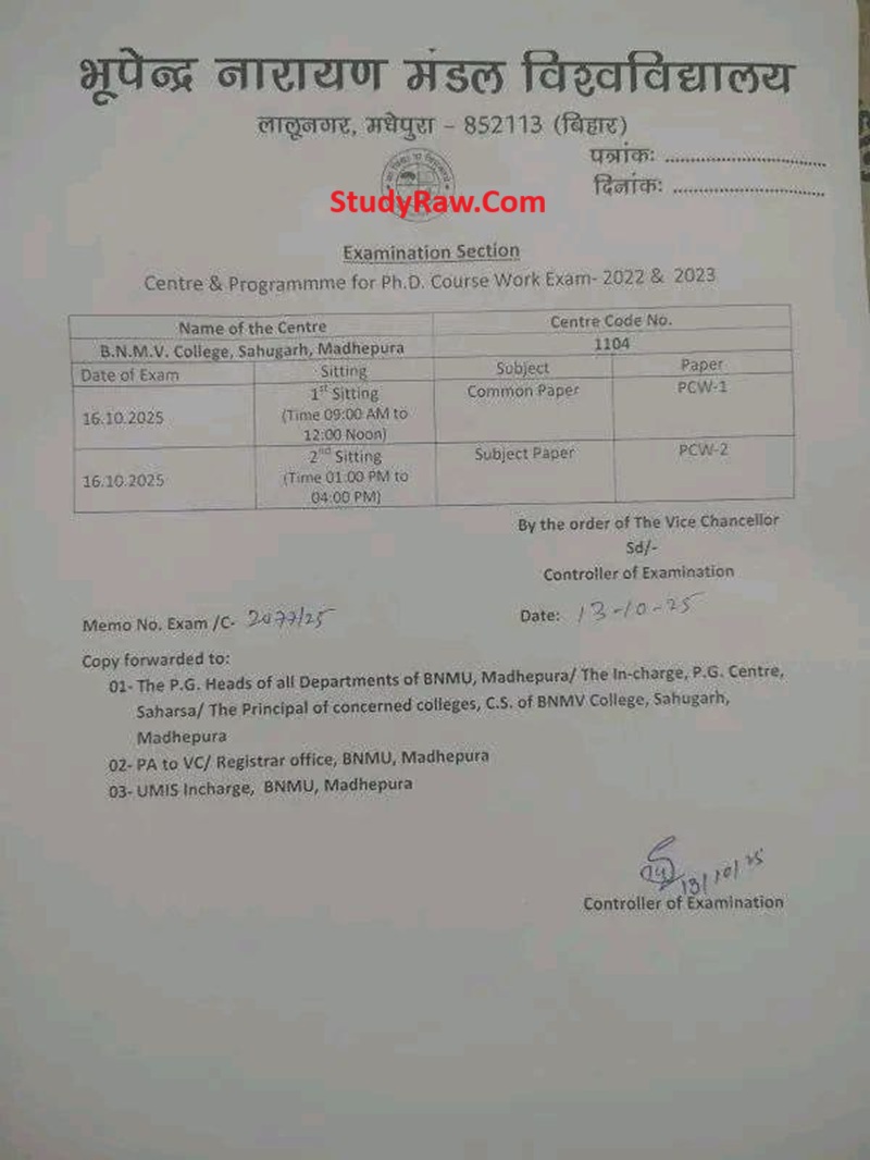 BNMU PhD Admission Test 2025 PAT 2025 Exam Schedule Date